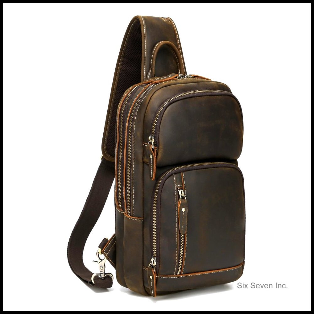 Full Grain Leather Sling Bag, Crossbody Daypack Fits 12.9" Ipad